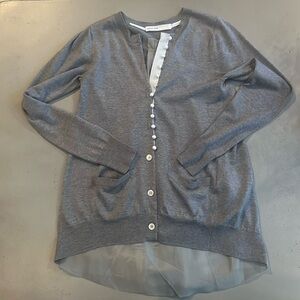 Sacai Cardigan Grey Wool with Satin & Tulle and White Grosgrain & Silk Buttons